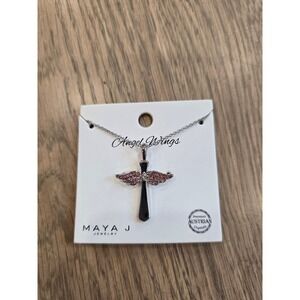 Maya J Angel Wings Cross Necklace Pink Austrian Crystal October Birthstone NEW